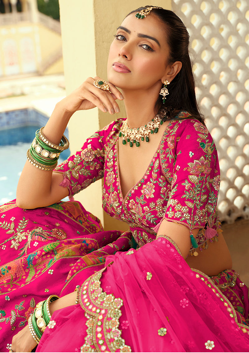 Monjolika Fashion Readymade Lehenga Choli Heavy Work Embroidered Silk In Rani Pink | Grocsy
