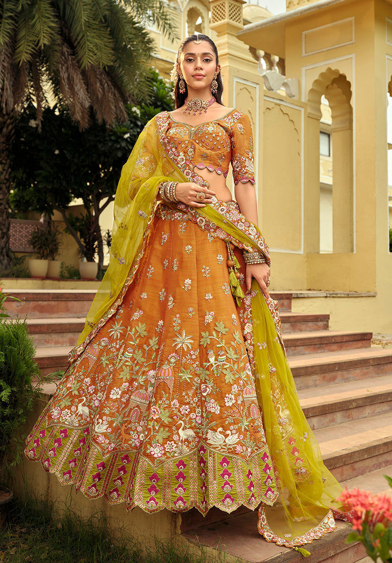 Monjolika Fashion Readymade Lehenga Choli Heavy Work Embroidered Silk In Amber | Grocsy