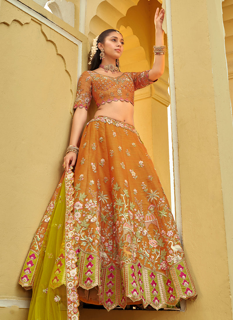 Monjolika Fashion Readymade Lehenga Choli Heavy Work Embroidered Silk In Amber | Grocsy