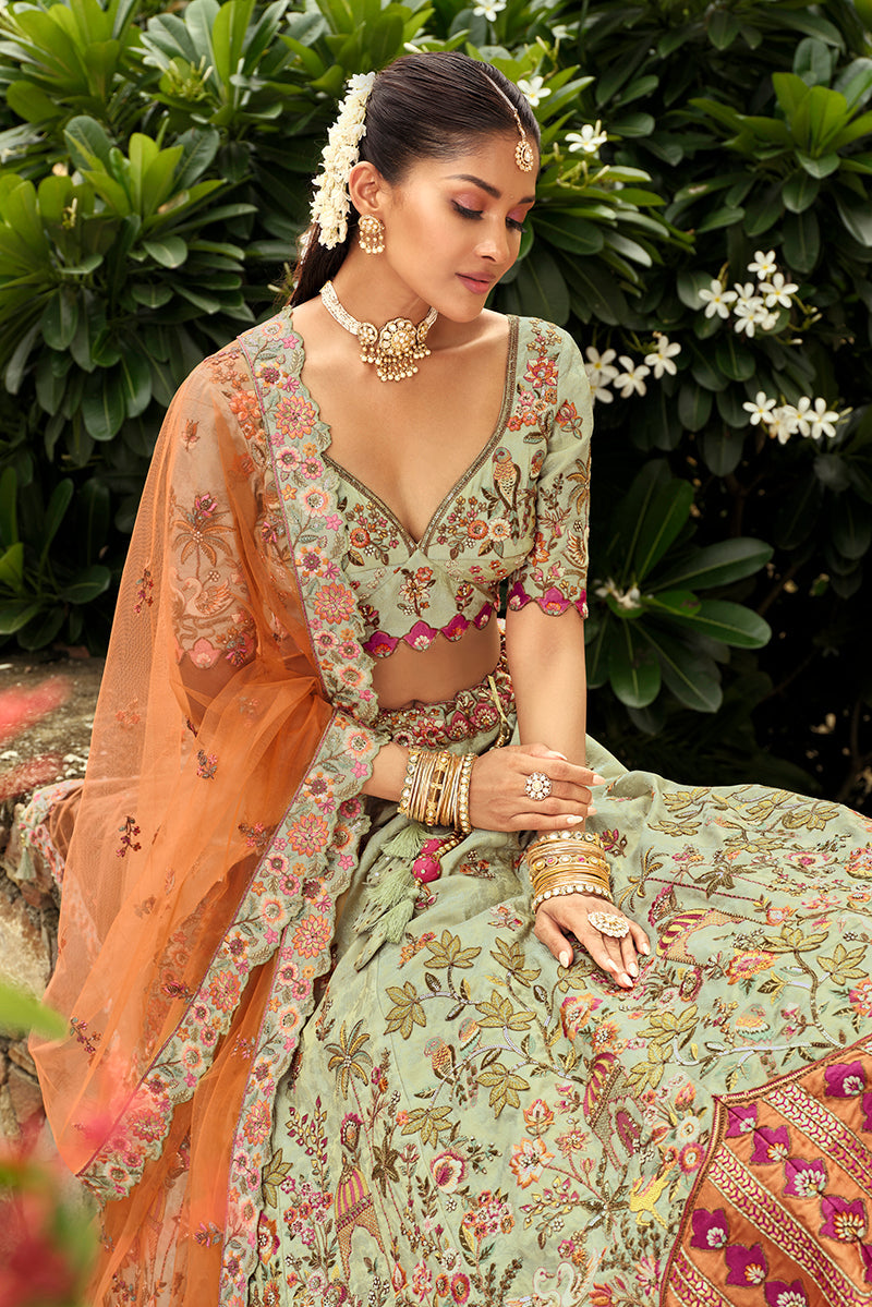 Monjolika Fashion Readymade Lehenga Choli Heavy Work Embroidered Silk In Pastel Green | Grocsy