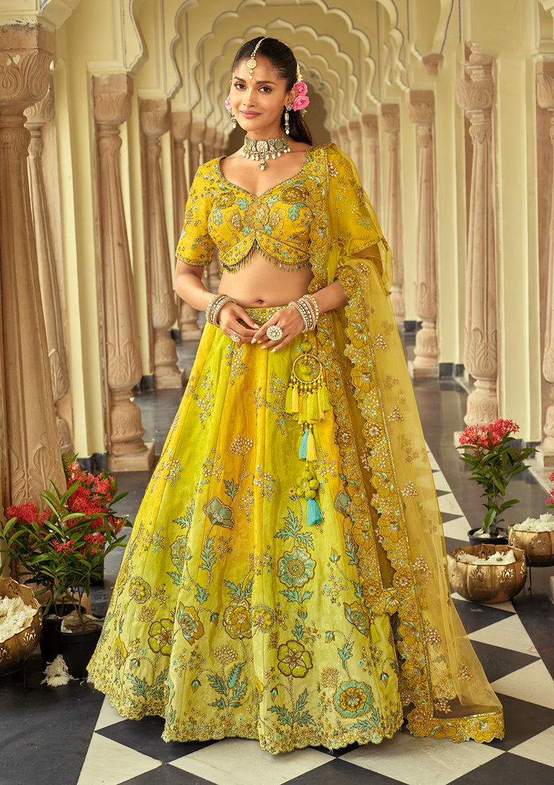 Monjolika Fashion Readymade Lehenga Choli Heavy Work Embroidered Silk In Lemon | Grocsy