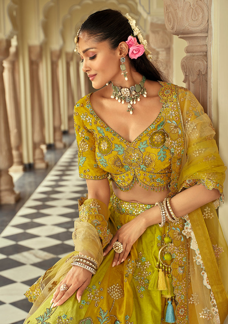 Monjolika Fashion Readymade Lehenga Choli Heavy Work Embroidered Silk In Lemon | Grocsy