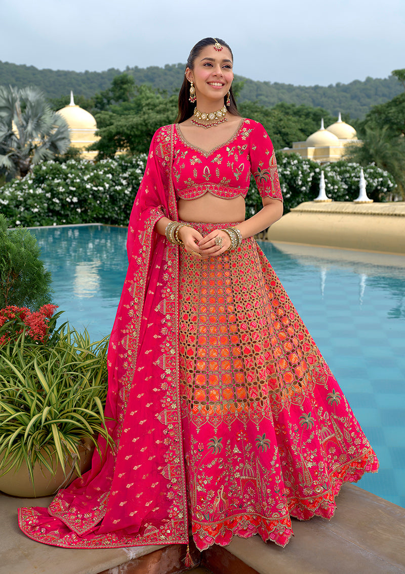 Monjolika Fashion Rani Pink Designer Embroidered Work Fancy Silk Wedding Lehenga Choli | Grocsy