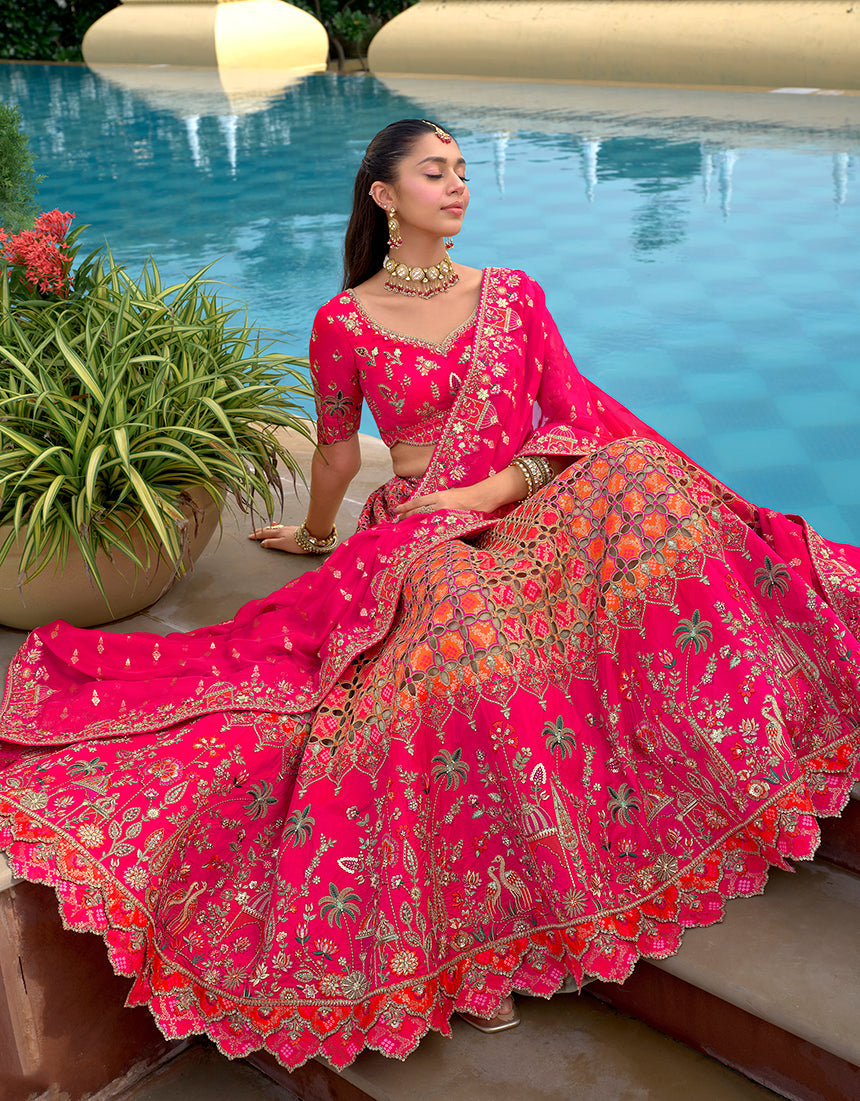Monjolika Fashion Rani Pink Designer Embroidered Work Fancy Silk Wedding Lehenga Choli | Grocsy