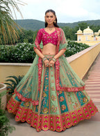 Monjolika Fashion Sea Green Designer Embroidered Work Fancy Silk Wedding Lehenga Choli | Grocsy