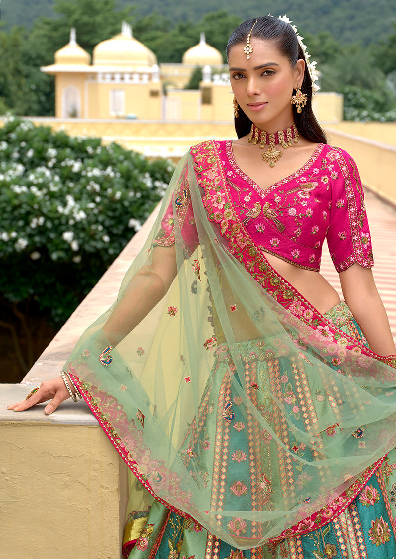 Monjolika Fashion Sea Green Designer Embroidered Work Fancy Silk Wedding Lehenga Choli | Grocsy