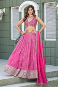 Monjolika Fashion Rani Pink Leheriya Print With Embroidered Faux Georgette Lehenga Choli | Grocsy