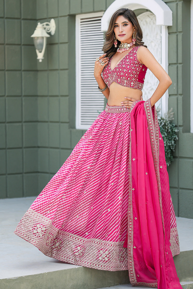 Monjolika Fashion Rani Pink Leheriya Print With Embroidered Faux Georgette Lehenga Choli | Grocsy