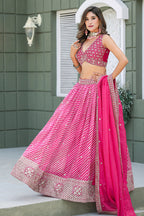Monjolika Fashion Rani Pink Leheriya Print With Embroidered Faux Georgette Lehenga Choli | Grocsy