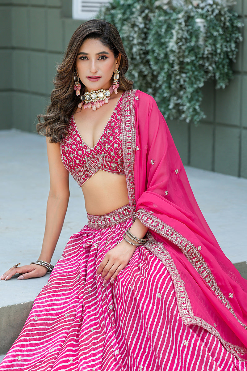 Monjolika Fashion Rani Pink Leheriya Print With Embroidered Faux Georgette Lehenga Choli | Grocsy