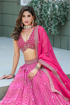 Monjolika Fashion Rani Pink Leheriya Print With Embroidered Faux Georgette Lehenga Choli | Grocsy