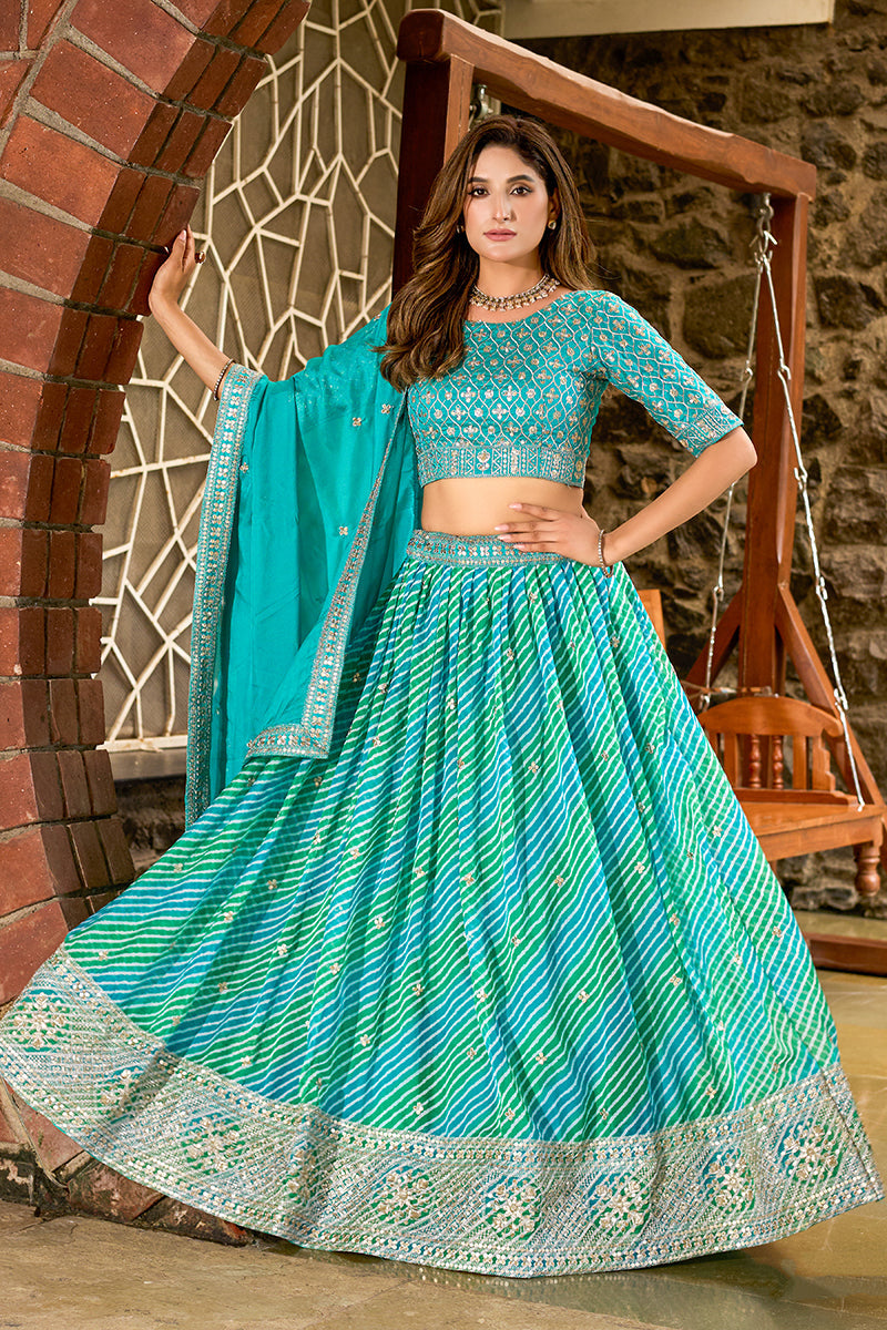 Monjolika Fashion Turquoise Leheriya Print With Embroidered Faux Georgette Lehenga Choli | Grocsy