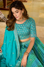 Monjolika Fashion Turquoise Leheriya Print With Embroidered Faux Georgette Lehenga Choli | Grocsy
