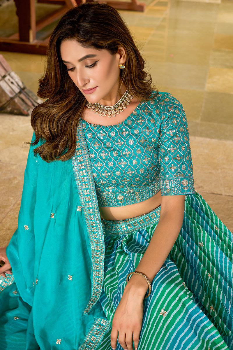 Monjolika Fashion Turquoise Leheriya Print With Embroidered Faux Georgette Lehenga Choli | Grocsy