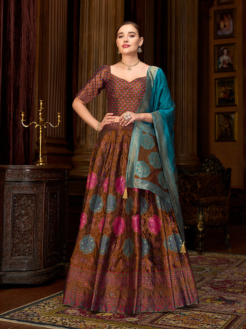 Monjolika Fashion Brown Color Kanjivaram Silk Jacquard Designer Lehenga Choli | Grocsy