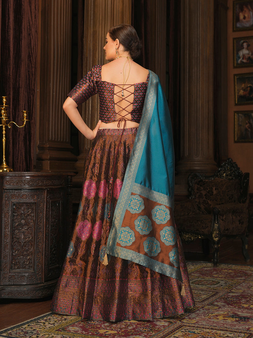 Monjolika Fashion Brown Color Kanjivaram Silk Jacquard Designer Lehenga Choli | Grocsy
