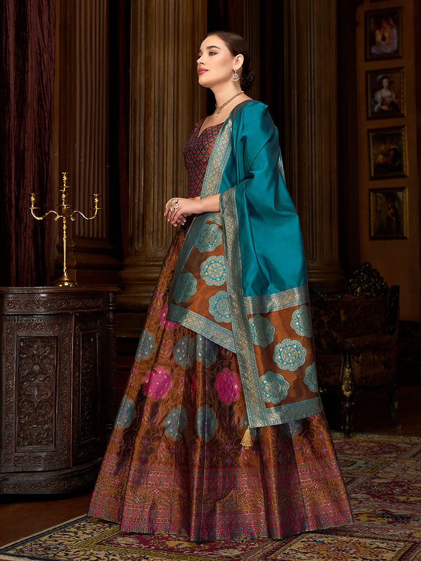 Monjolika Fashion Brown Color Kanjivaram Silk Jacquard Designer Lehenga Choli | Grocsy