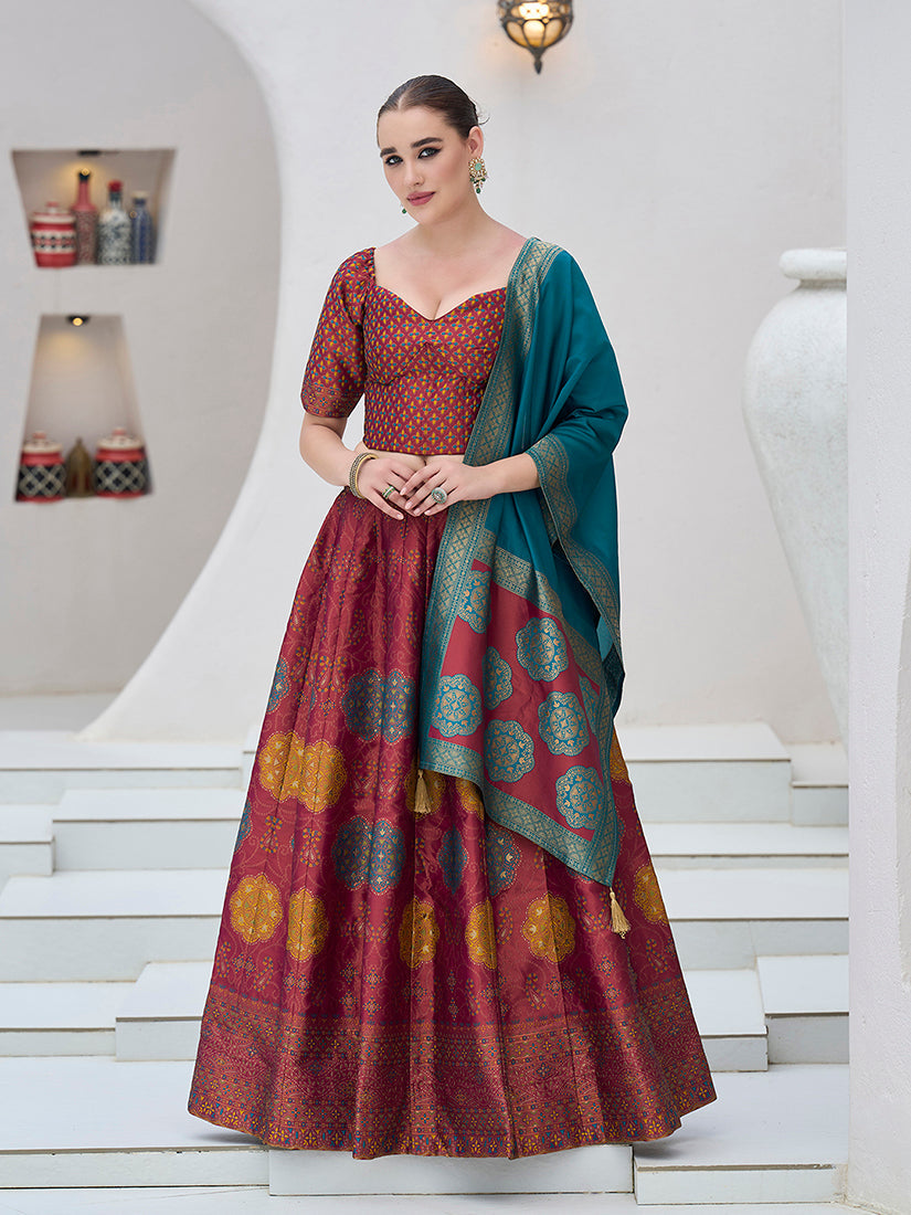 Monjolika Fashion Maroon Color Kanjivaram Silk Jacquard Designer Lehenga Choli | Grocsy