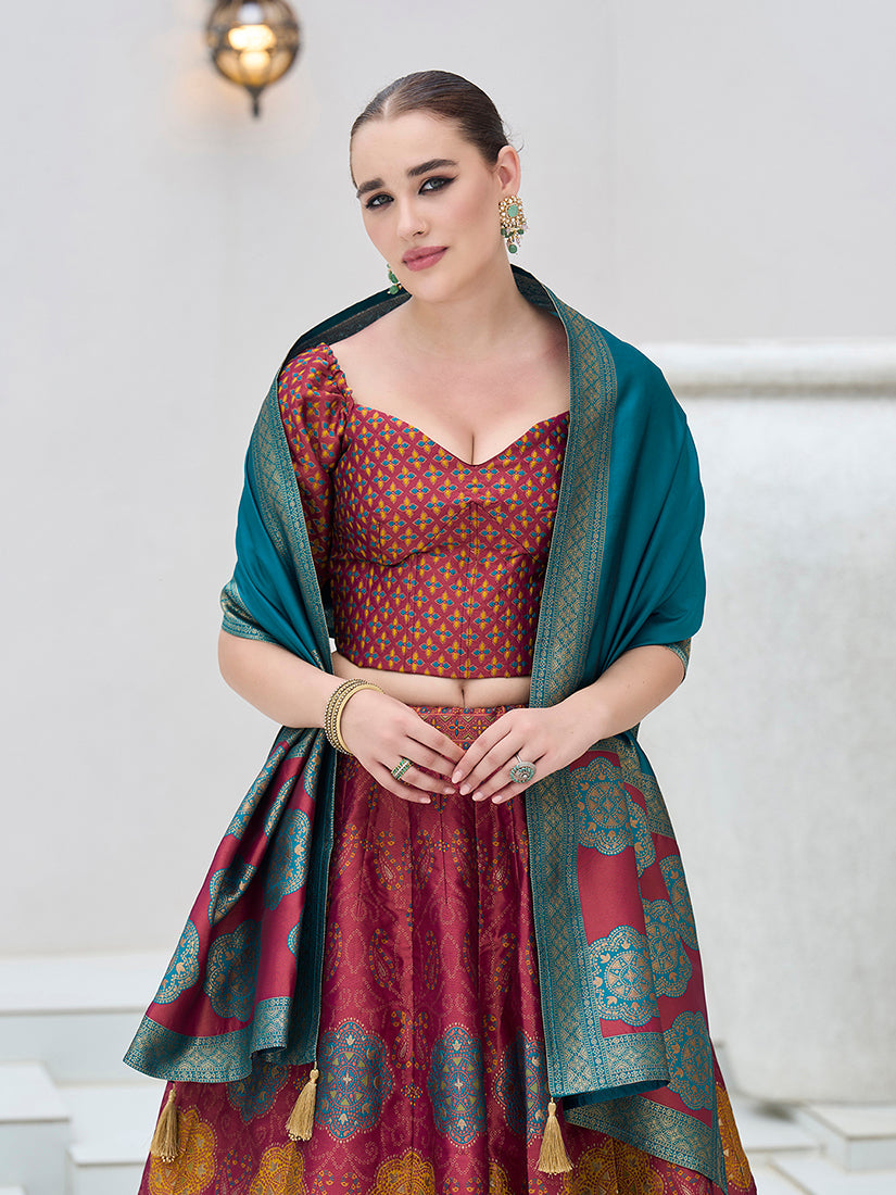 Monjolika Fashion Maroon Color Kanjivaram Silk Jacquard Designer Lehenga Choli | Grocsy
