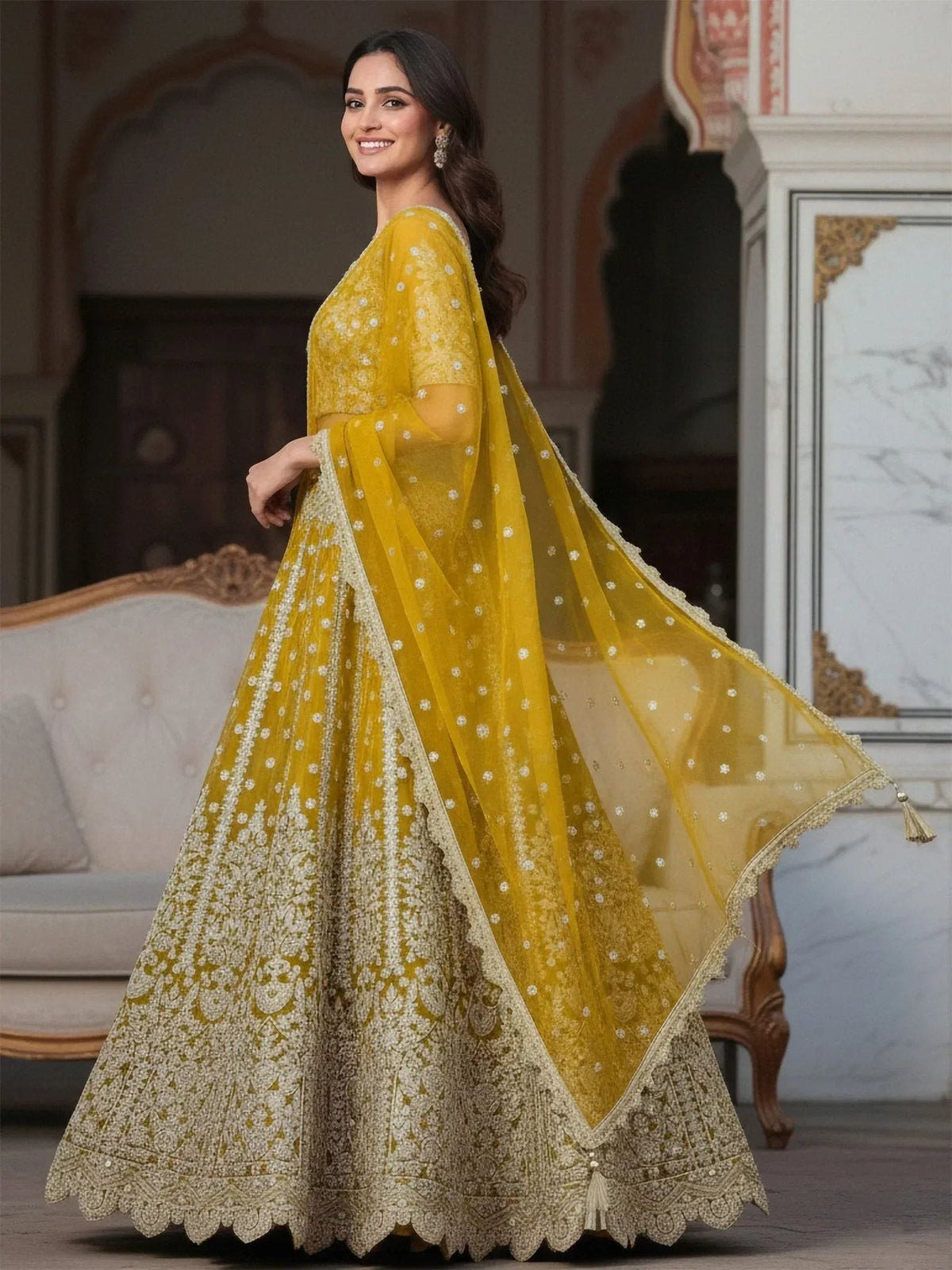 Tulsi Art Incredible Yellow Zari Work Soft Net Bridesmaid Lehenga Choli | Grocsy