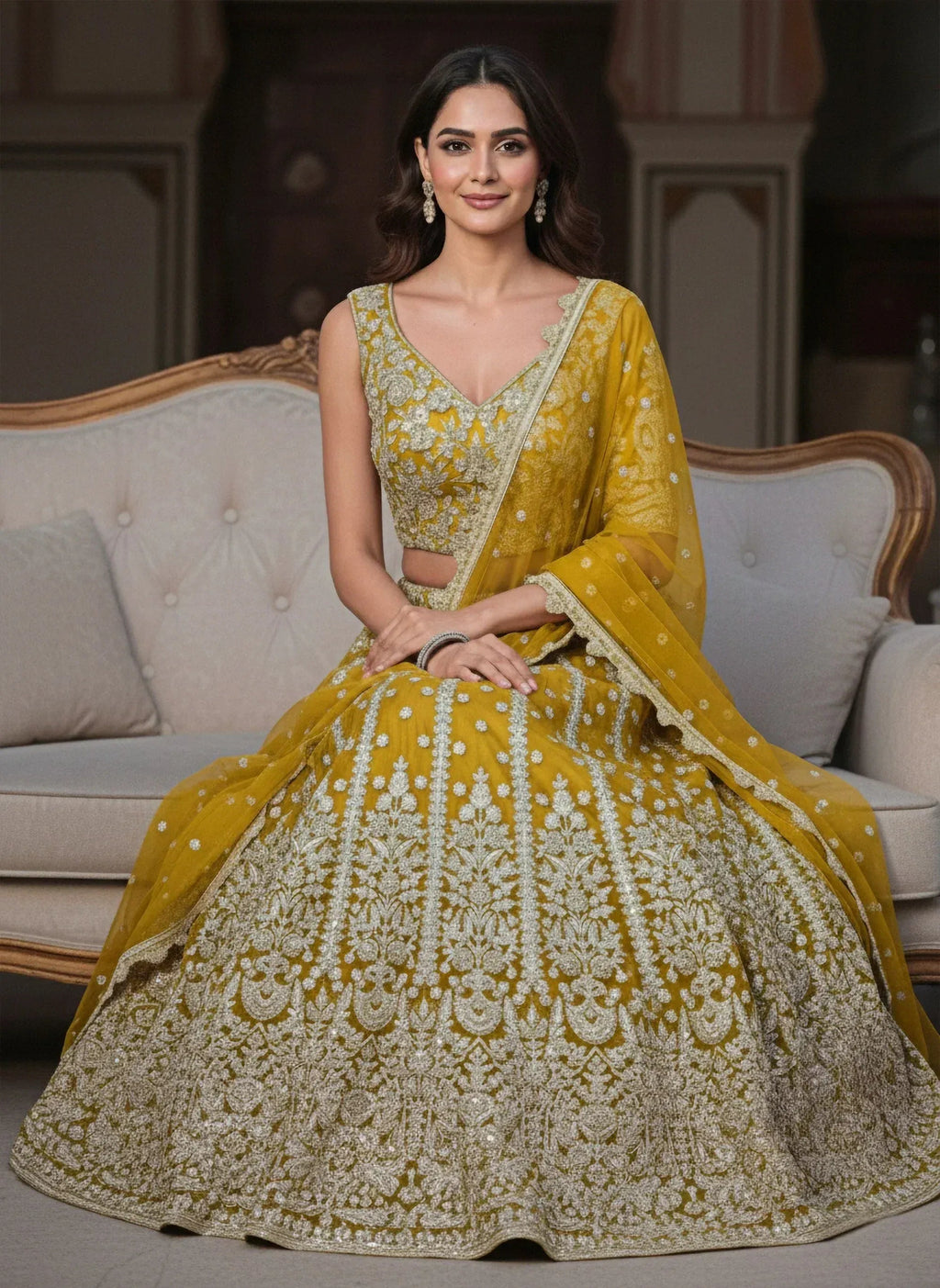 Tulsi Art Incredible Yellow Zari Work Soft Net Bridesmaid Lehenga Choli | Grocsy