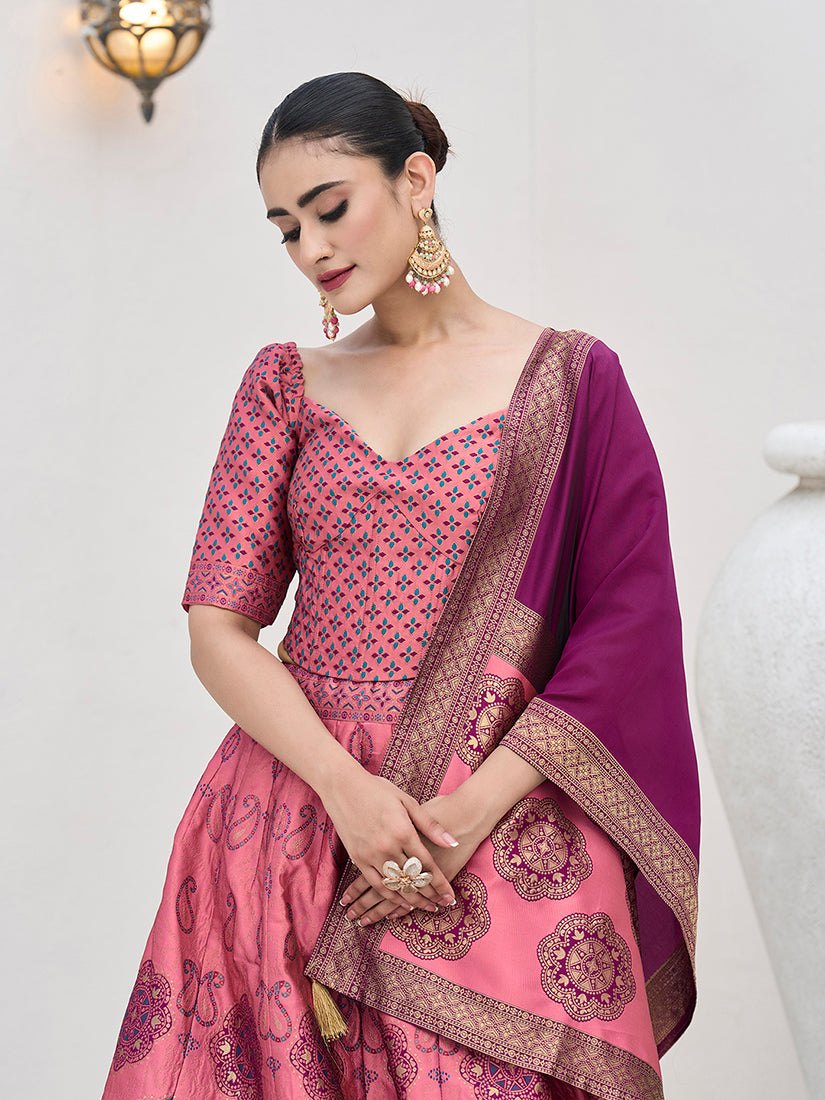 Monjolika Fashion Pink Color Kanjivaram Silk Jacquard Designer Lehenga Choli | Grocsy