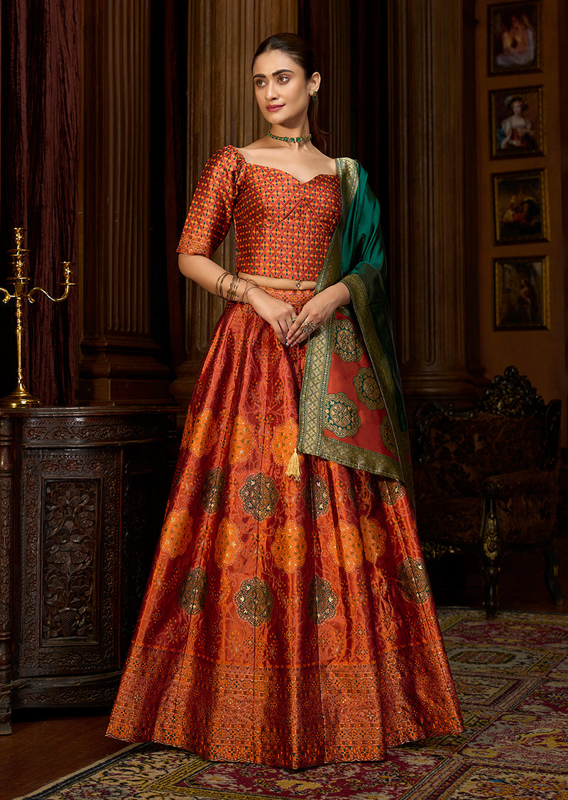 Monjolika Fashion Rust Color Kanjivaram Silk Jacquard Designer Lehenga Choli | Grocsy