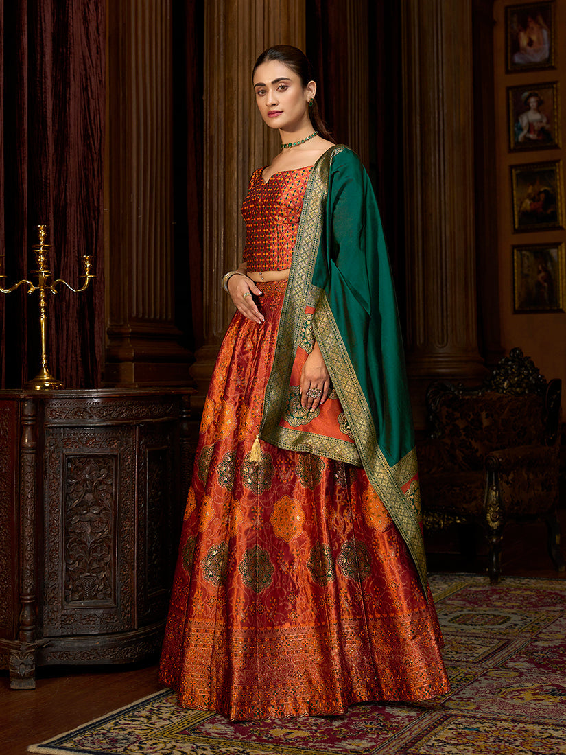 Monjolika Fashion Rust Color Kanjivaram Silk Jacquard Designer Lehenga Choli | Grocsy