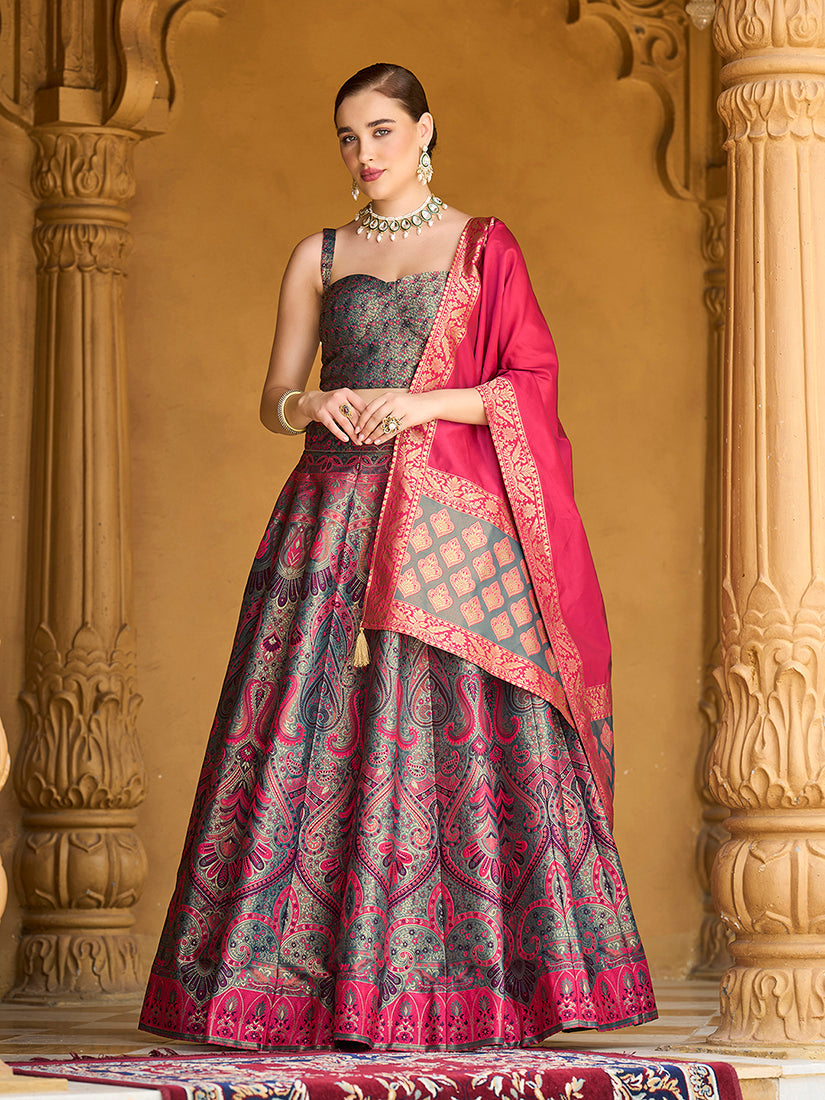 Monjolika Fashion Thread Work Jacquard Silk In Multicolor Lehenga Choli | Grocsy