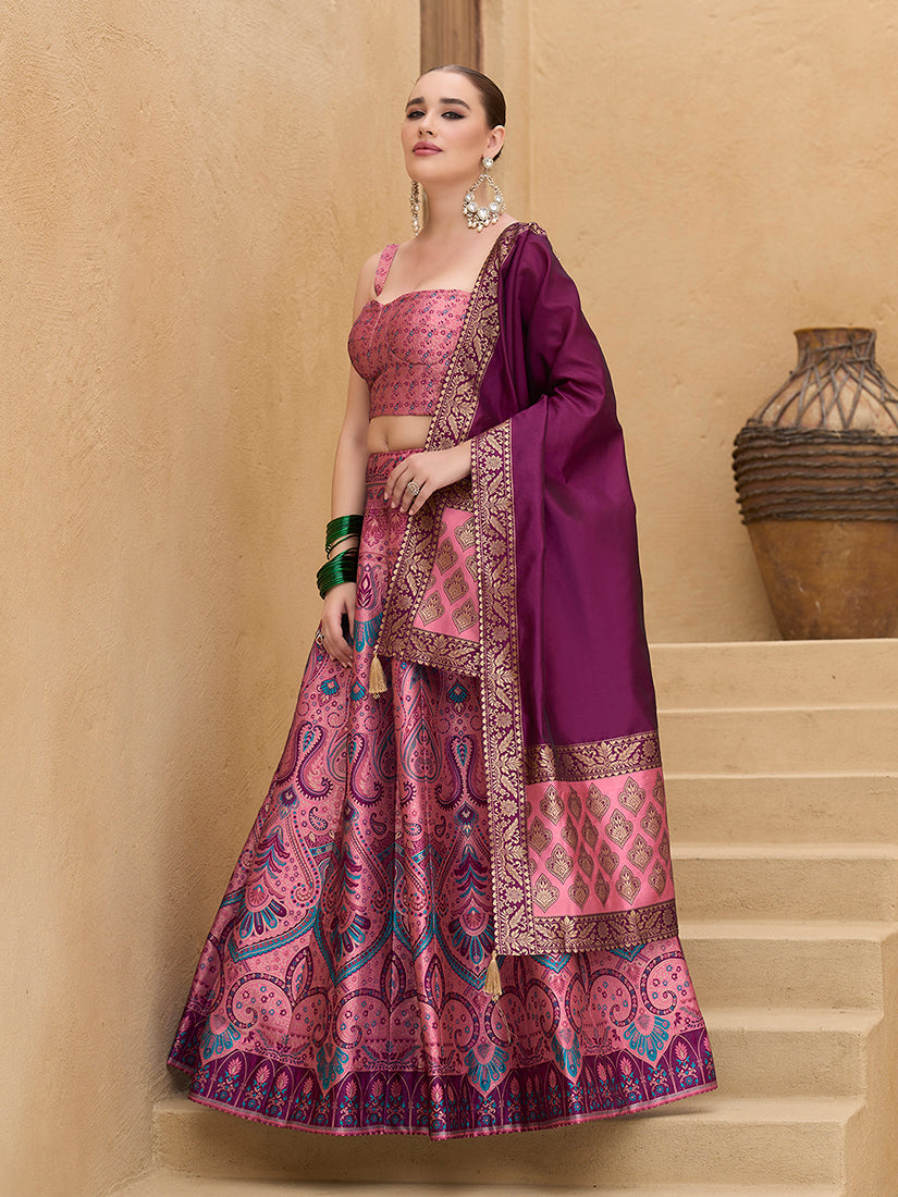 Monjolika Fashion Thread Work Jacquard Silk In Pink Lehenga Choli | Grocsy