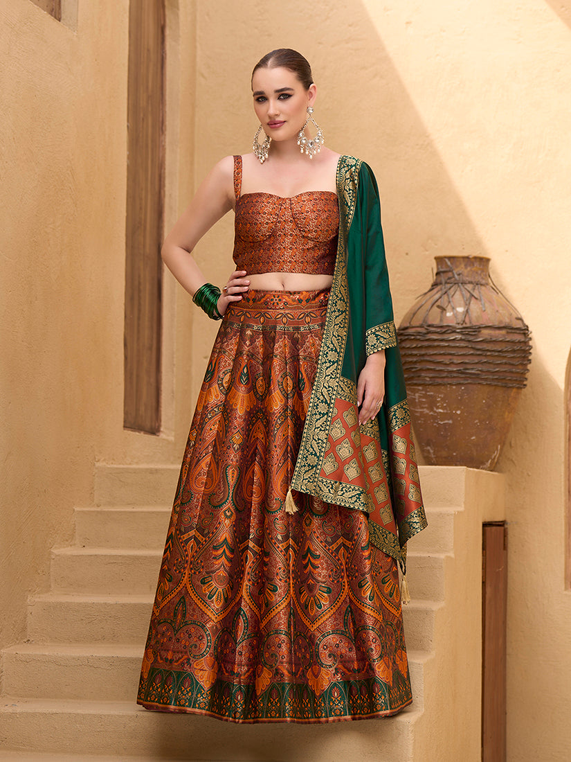 Monjolika Fashion Thread Work Jacquard Silk In Rust Orange Lehenga Choli | Grocsy