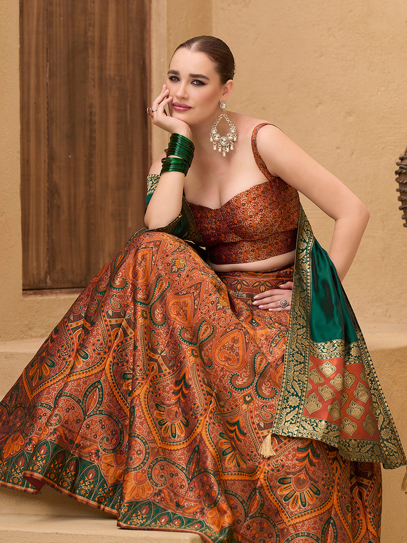 Monjolika Fashion Thread Work Jacquard Silk In Rust Orange Lehenga Choli | Grocsy