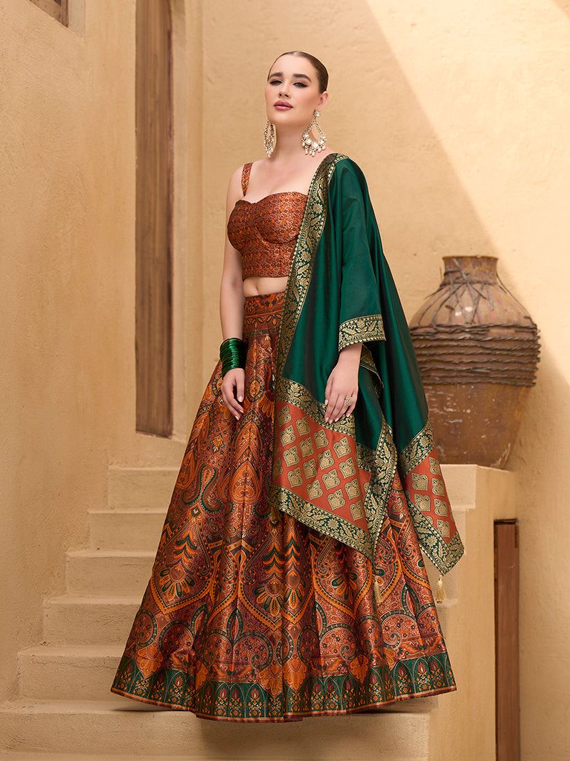 Monjolika Fashion Thread Work Jacquard Silk In Rust Orange Lehenga Choli | Grocsy