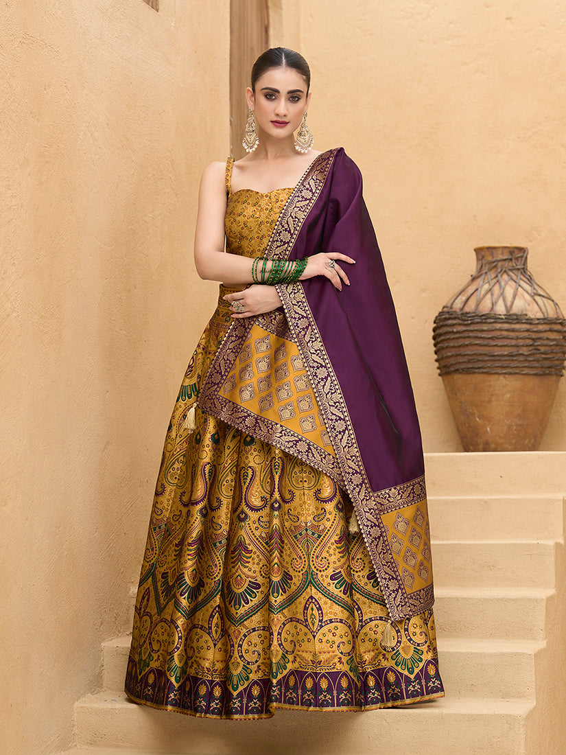 Monjolika Fashion Thread Work Jacquard Silk In Yellow Lehenga Choli | Grocsy
