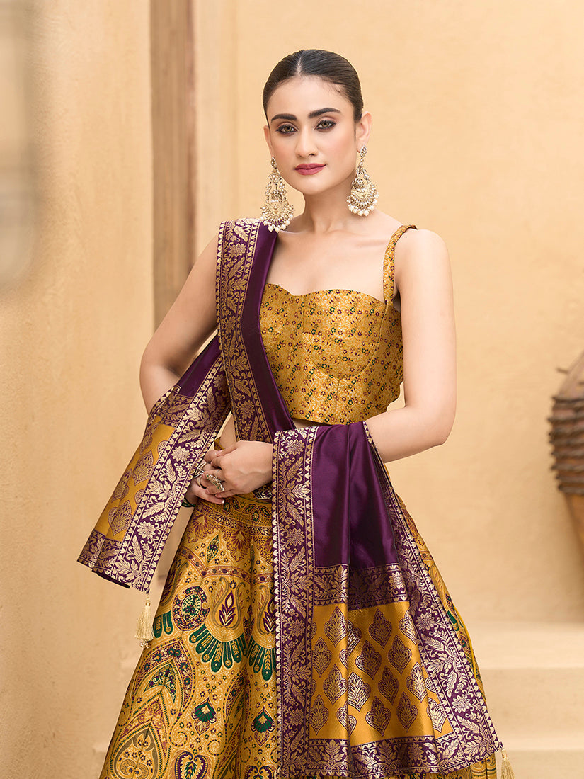 Monjolika Fashion Thread Work Jacquard Silk In Yellow Lehenga Choli | Grocsy