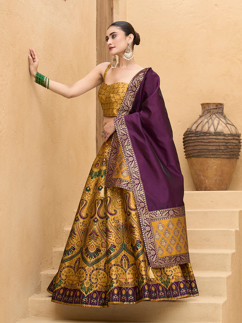 Monjolika Fashion Thread Work Jacquard Silk In Yellow Lehenga Choli | Grocsy