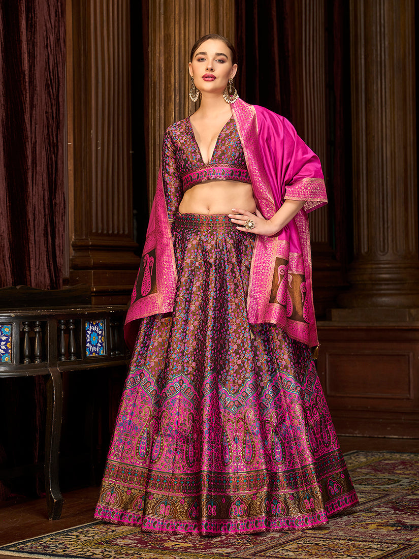 Monjolika Fashion Multi Colour Trendy Kanjivaram Jacquard Woven Work Lehenga Choli | Grocsy