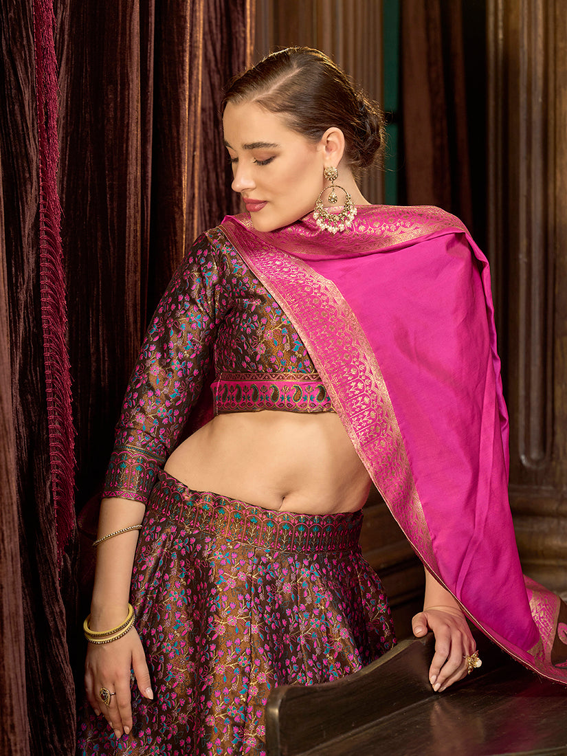 Monjolika Fashion Multi Colour Trendy Kanjivaram Jacquard Woven Work Lehenga Choli | Grocsy