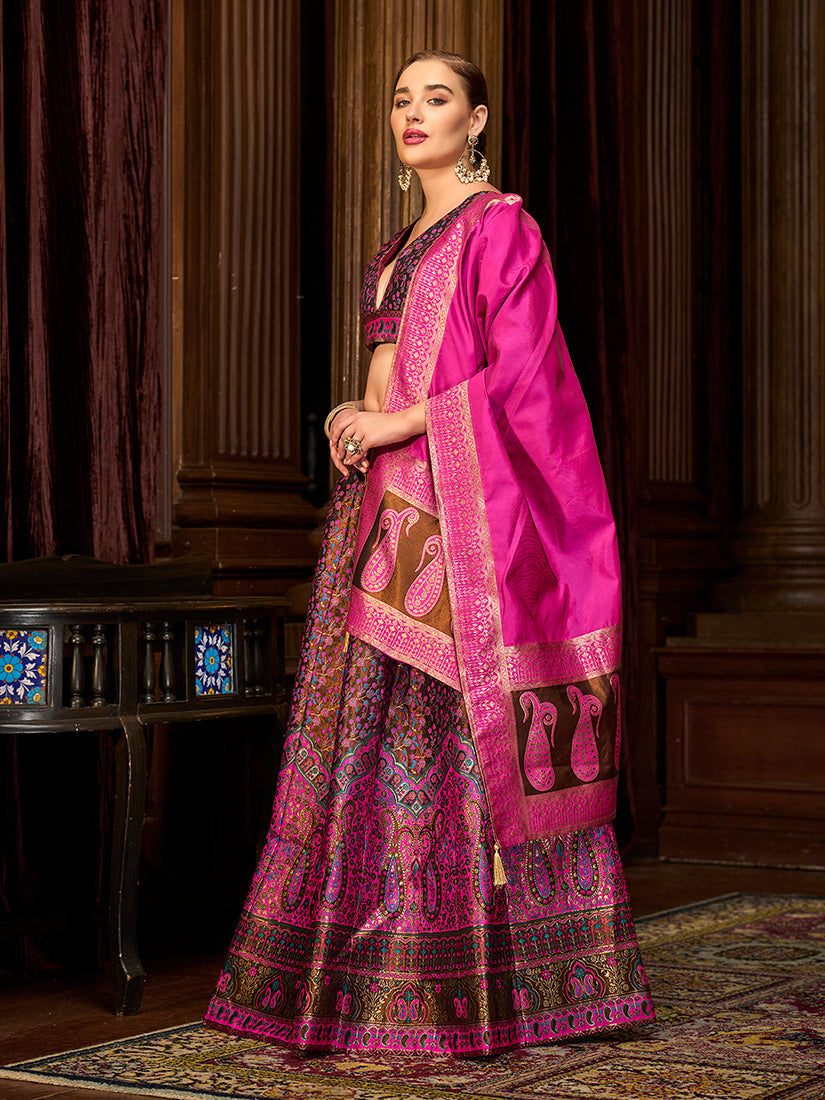 Monjolika Fashion Multi Colour Trendy Kanjivaram Jacquard Woven Work Lehenga Choli | Grocsy