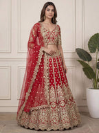 Tulsi Art Outstanding Red Zari Embroidered Net Wedding Wear Lehenga Choli | Grocsy