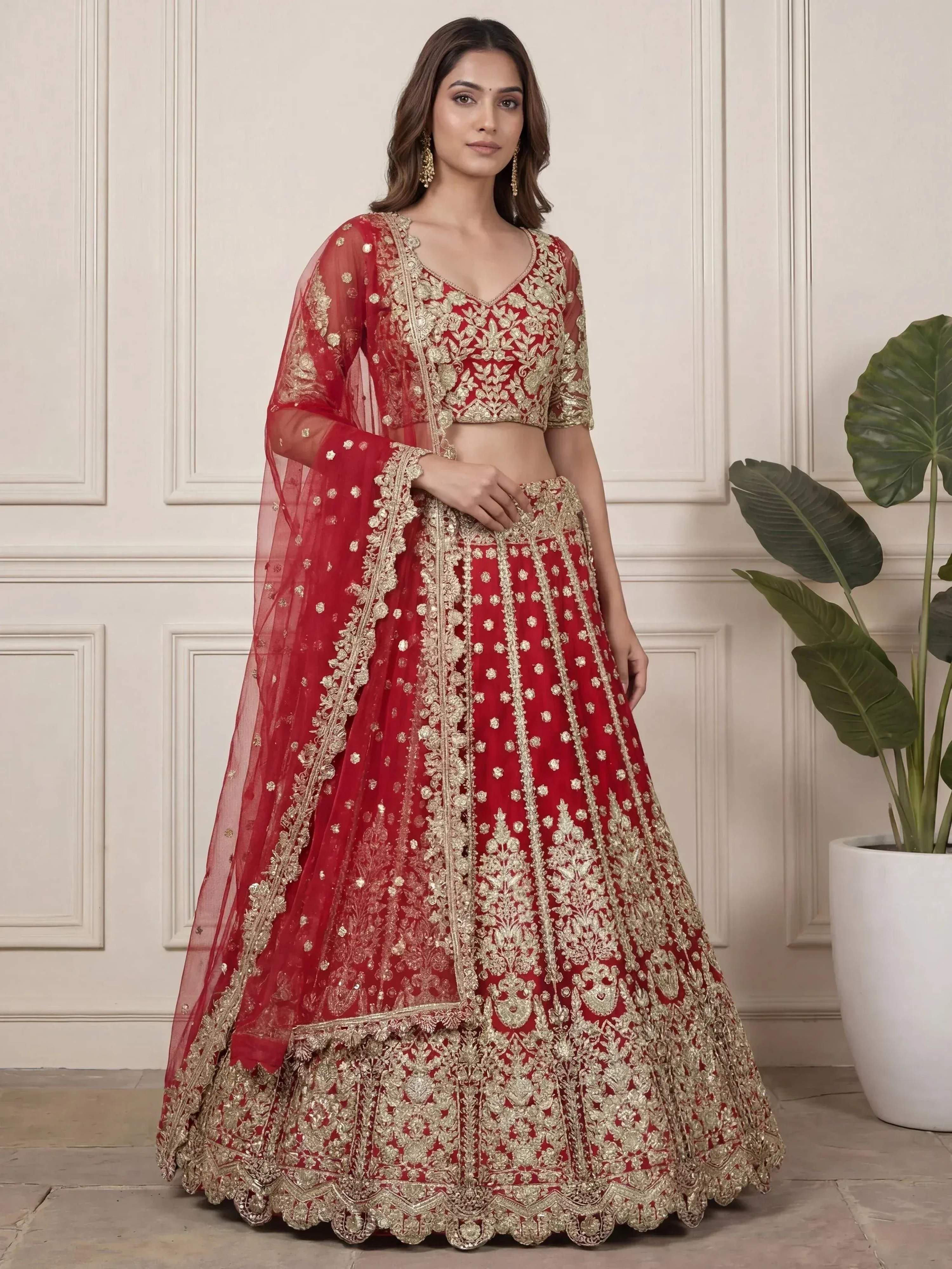Tulsi Art Outstanding Red Zari Embroidered Net Wedding Wear Lehenga Choli | Grocsy