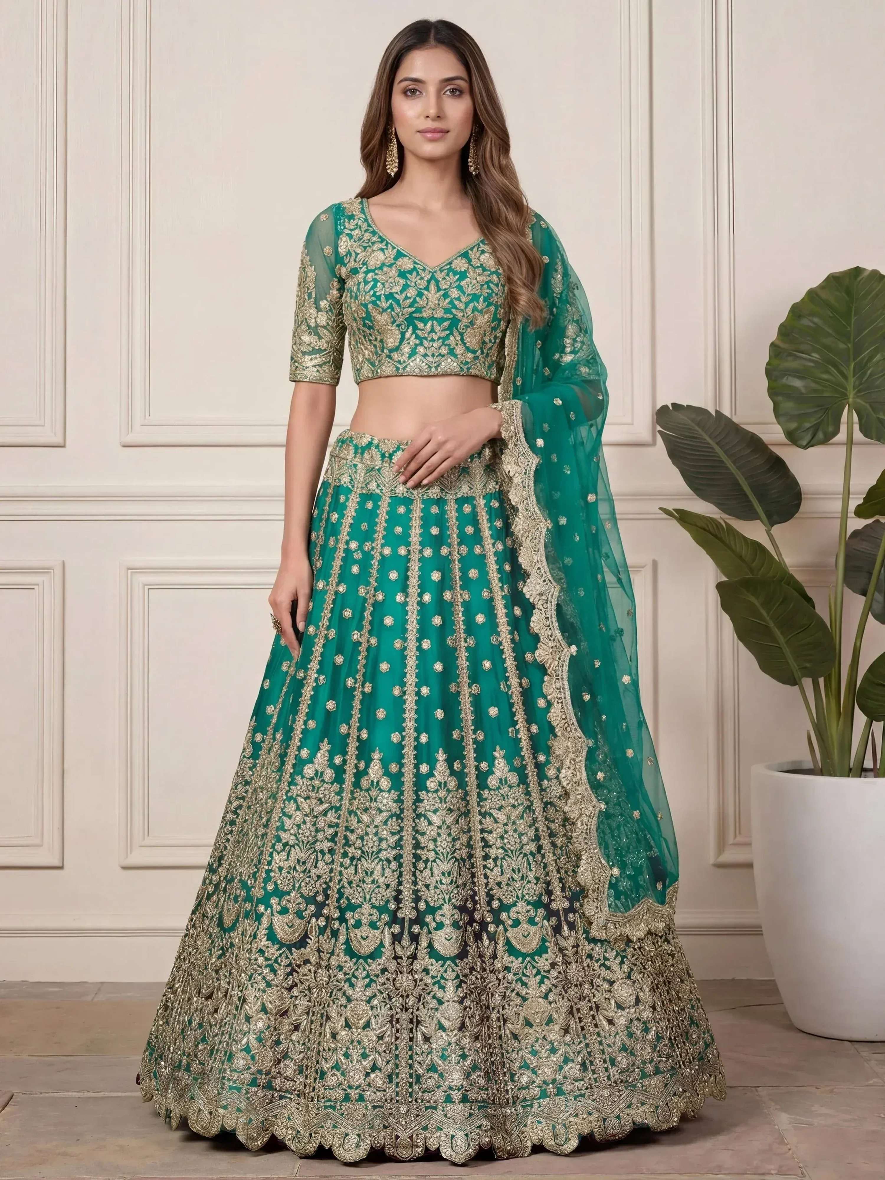 Tulsi Art Beautiful Green Embroidered Soft Net Wedding Wear Lehenga Choli | Grocsy