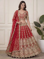 Tulsi Art Outstanding Red Zari Embroidered Net Wedding Wear Lehenga Choli | Grocsy