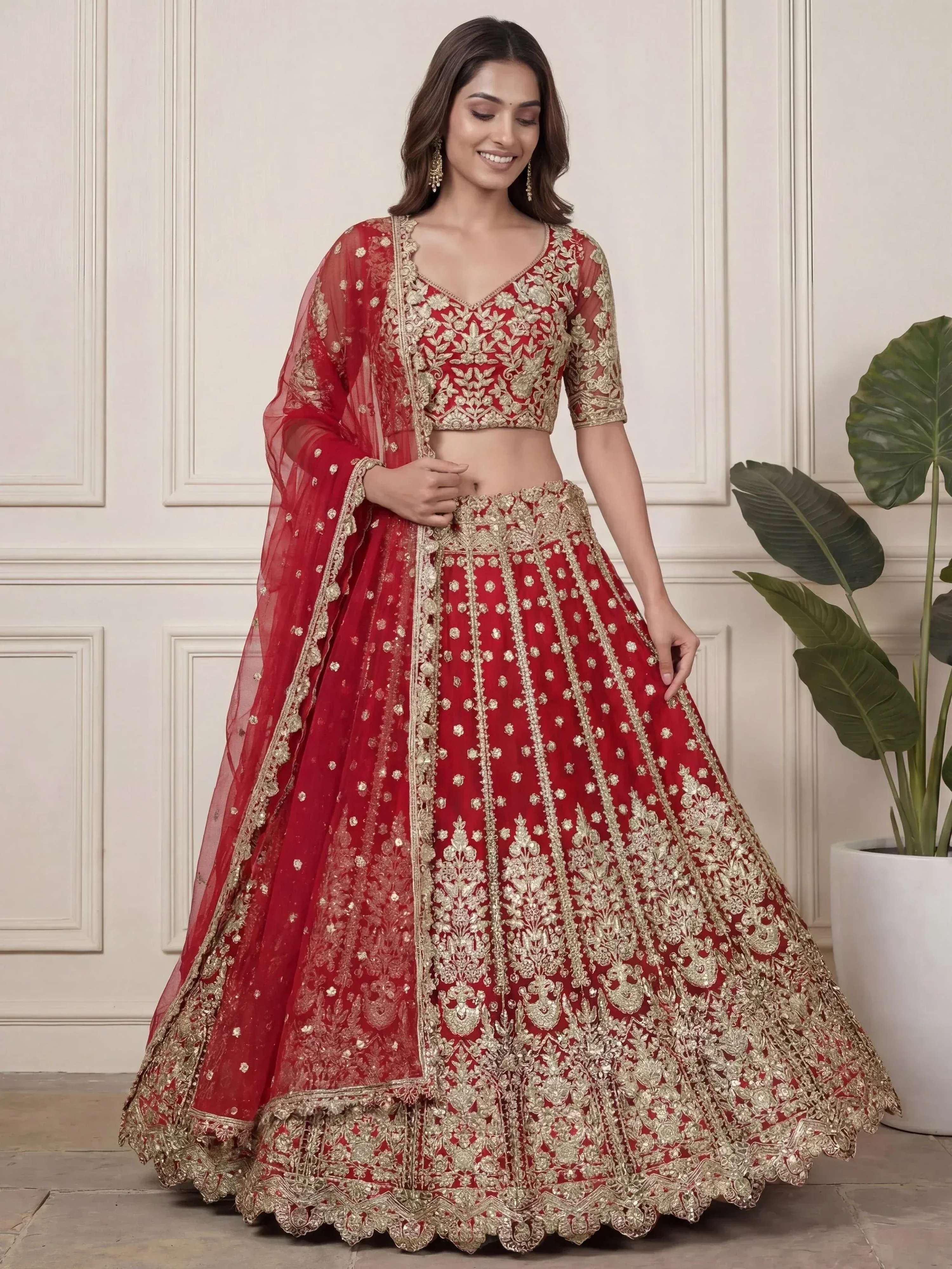 Tulsi Art Outstanding Red Zari Embroidered Net Wedding Wear Lehenga Choli | Grocsy
