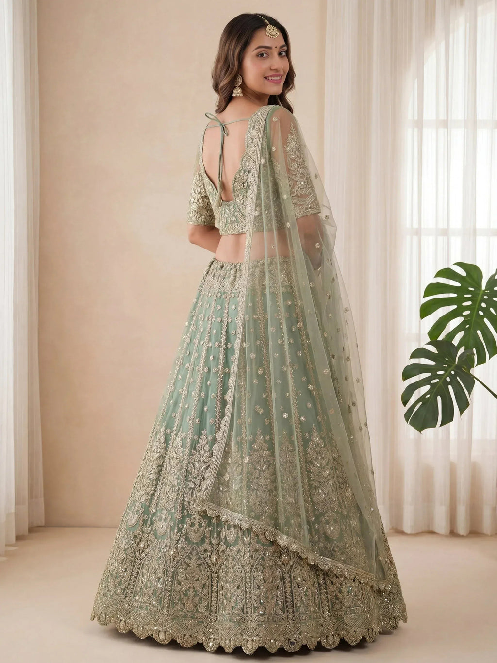 Tulsi Art Dazzling Green Embroidered Soft Net Function Wear Lehenga Choli | Grocsy