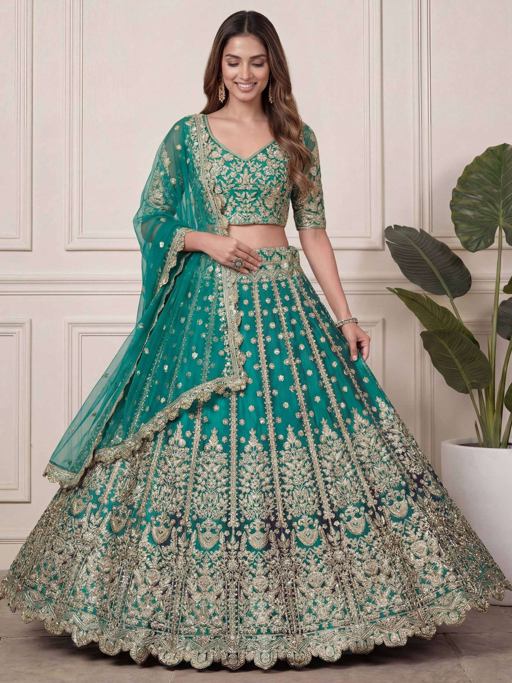 Tulsi Art Beautiful Green Embroidered Soft Net Wedding Wear Lehenga Choli | Grocsy