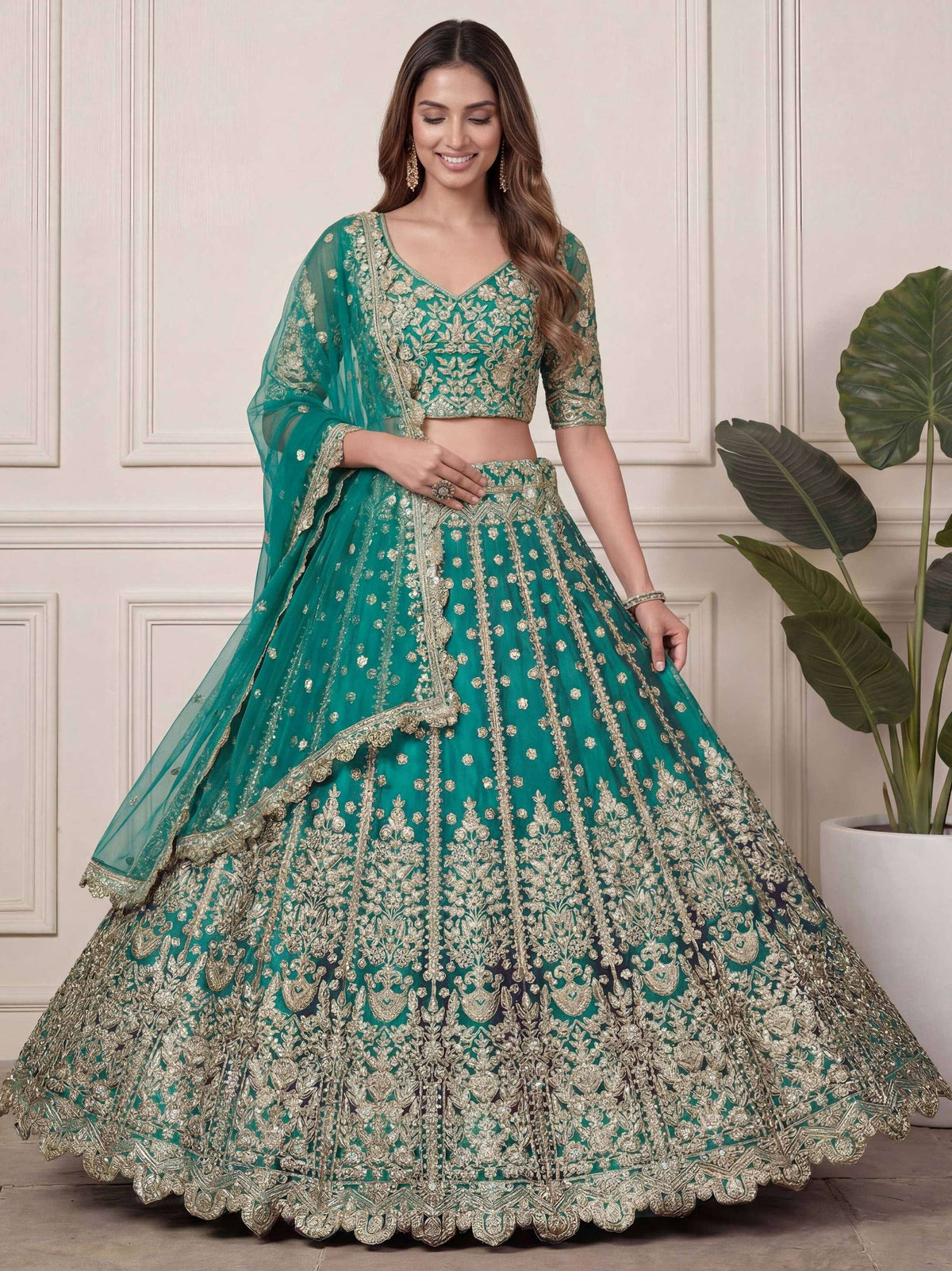 Tulsi Art Beautiful Green Embroidered Soft Net Wedding Wear Lehenga Choli | Grocsy