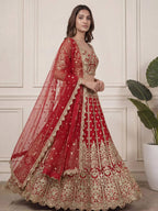 Tulsi Art Outstanding Red Zari Embroidered Net Wedding Wear Lehenga Choli | Grocsy