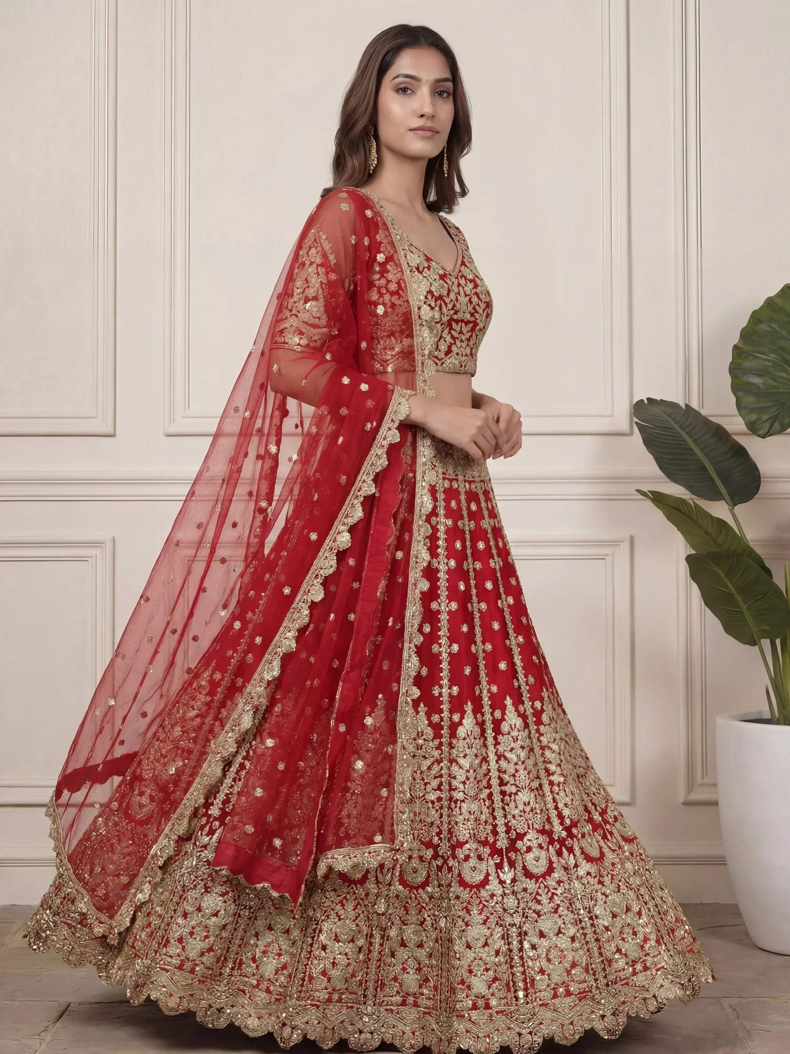 Tulsi Art Outstanding Red Zari Embroidered Net Wedding Wear Lehenga Choli | Grocsy