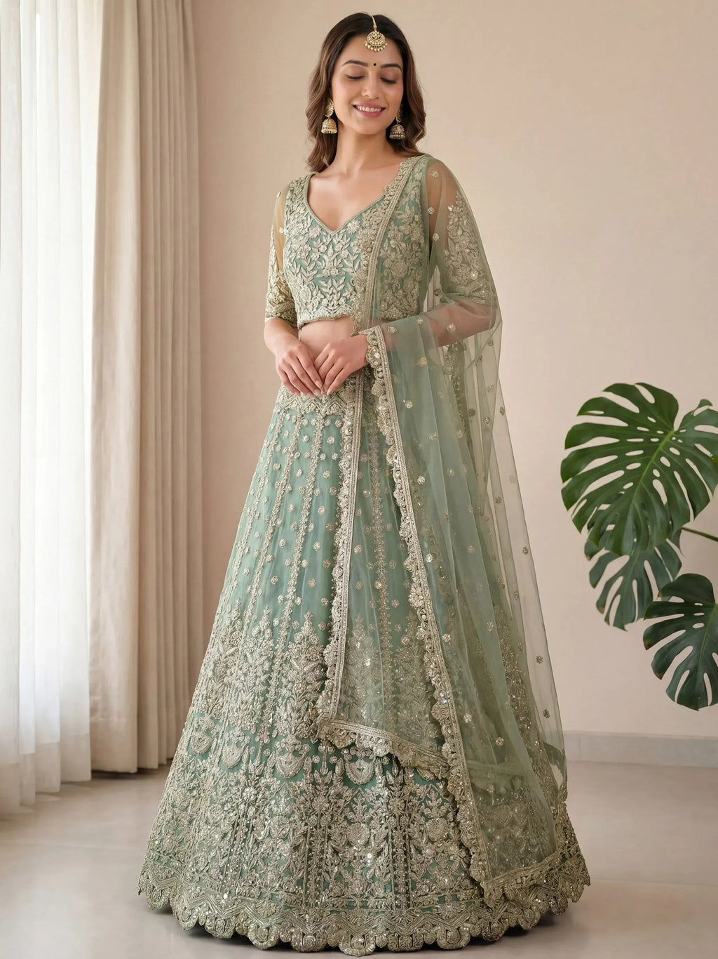 Tulsi Art Dazzling Green Embroidered Soft Net Function Wear Lehenga Choli | Grocsy